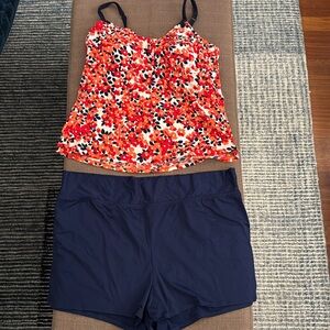 Lands' End Floral Tankini Top and Navy Swim Shorts